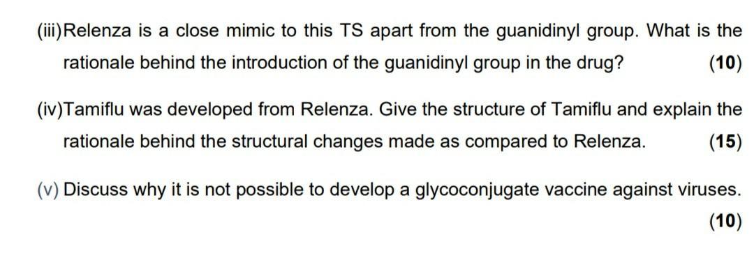 (iii) Relenza is a close mimic to this TS apart from the guanidinyl group. What is the rationale behind the