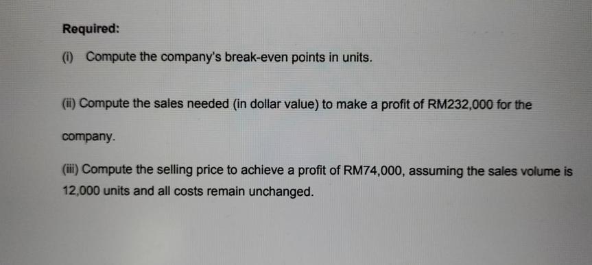 Required: (1) Compute the company's break-even points in units. (ii) Compute the sales needed (in dollar