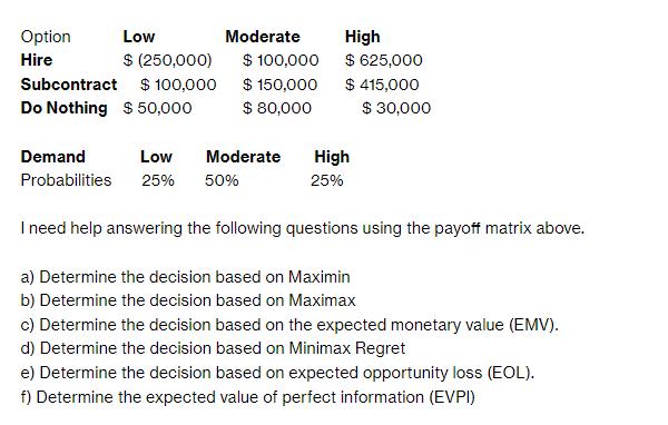 Option Hire Subcontract Do Nothing $50,000 Low $ (250,000) $ 100,000 Moderate Demand Low Probabilities 25%