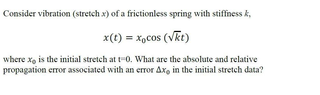 Consider vibration (stretch x) of a frictionless spring with stiffness k, x(t) = xocos (kt) where xo is the