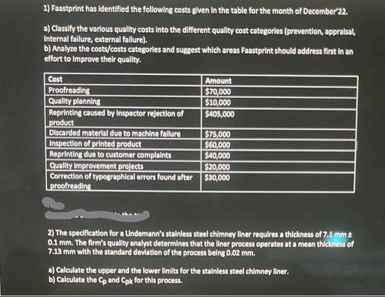 1) Faastprint has identified the following costs given in the table for the month of December 22. a) Classify