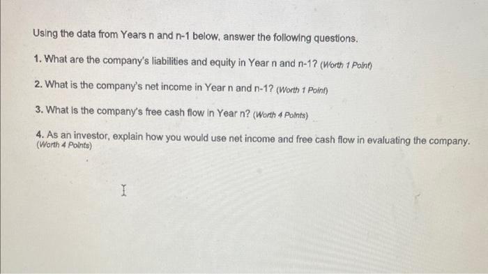 Using the data from Years \( n \) and \( n-1 \) below, answer the following questions. 1. What are the companys liabilities