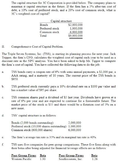 II a. b. Comprehensive Cost of Capital Problem. The Triple Seven Systems, Inc. (TSS), is starting its