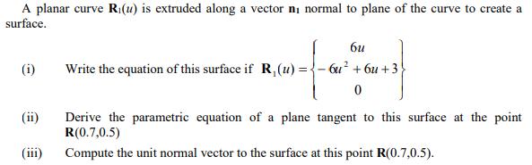 A planar curve R(u) is extruded along a vector ni normal to plane of the curve to create a surface. (i) 