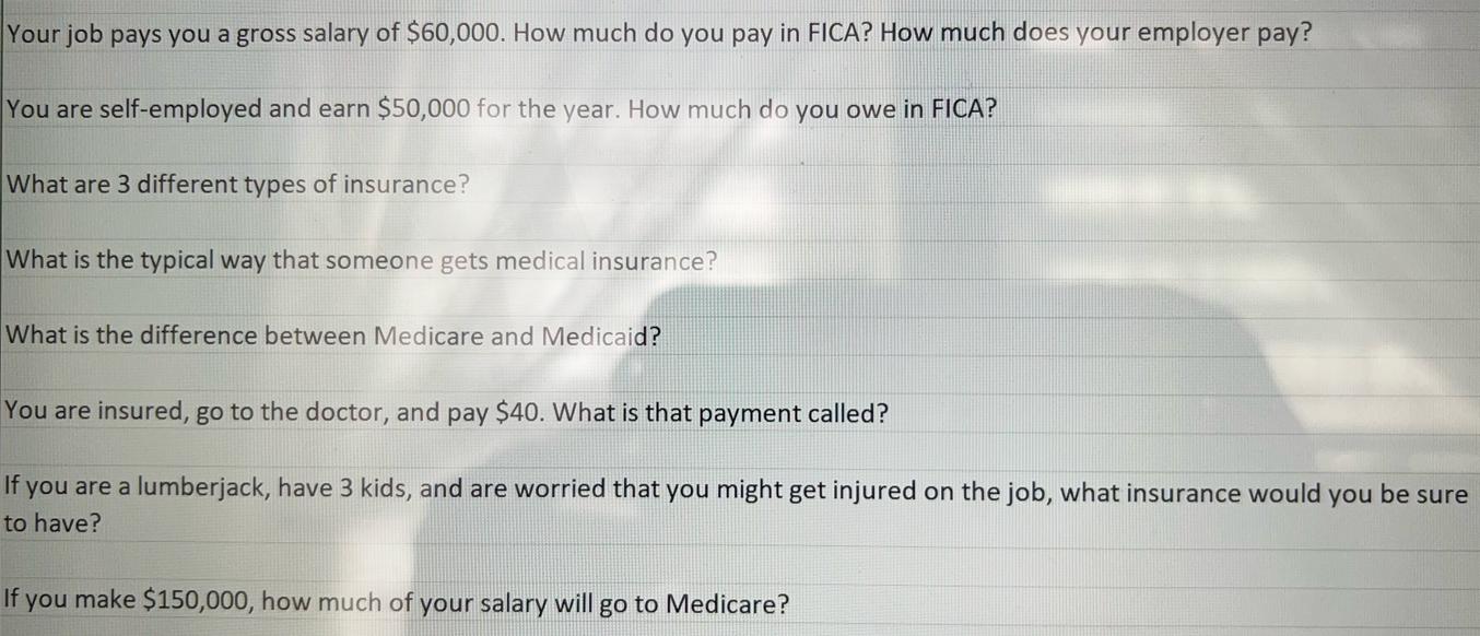 Your job pays you a gross salary of $60,000. How much do you pay in FICA? How much does your employer pay?
