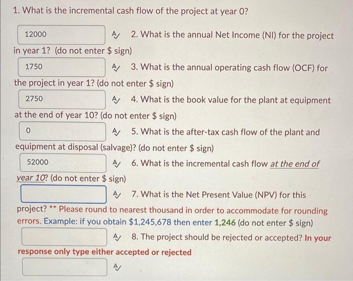 1. What is the incremental cash flow of the project at year 0 ? A 2. What is the annual Net Income (NI) for the project in ye
