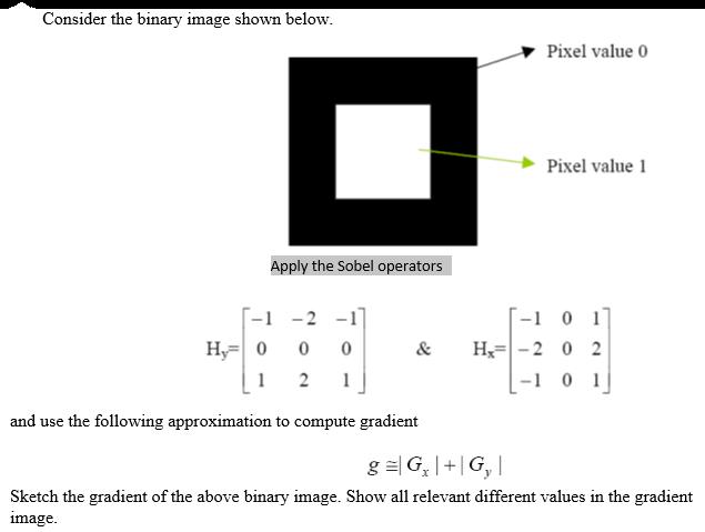 Consider the binary image shown below. Apply the Sobel operators -1 -2 -17 - H0 0 0 1 2 1 and use the