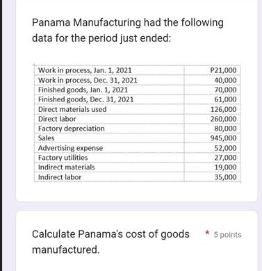 Panama Manufacturing had the following data for the period just ended: Work in process, Jan. 1, 2021 Work in