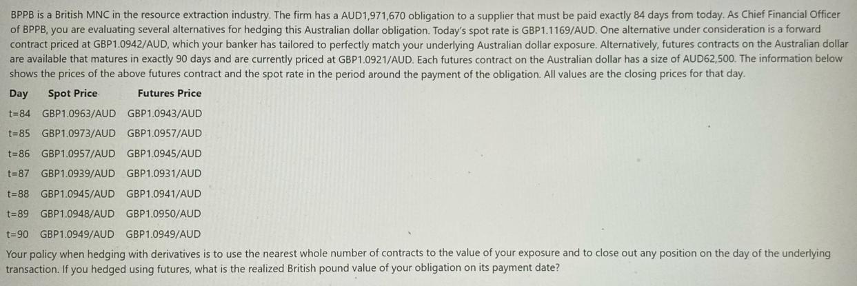 BPPB is a British MNC in the resource extraction industry. The firm has a AUD1,971,670 obligation to a