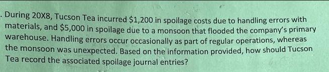 . During 20X8, Tucson Tea incurred $1,200 in spoilage costs due to handling errors with materials, and $5,000