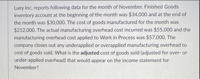 Luey Inc. reports following data for the month of November. Finished Goods inventory account at the beginning