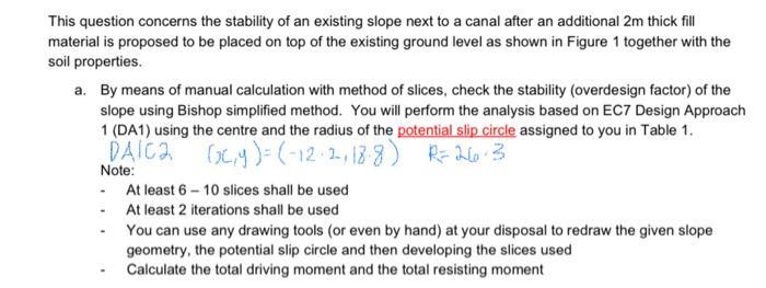This question concerns the stability of an existing slope next to a canal after an additional 2m thick fill