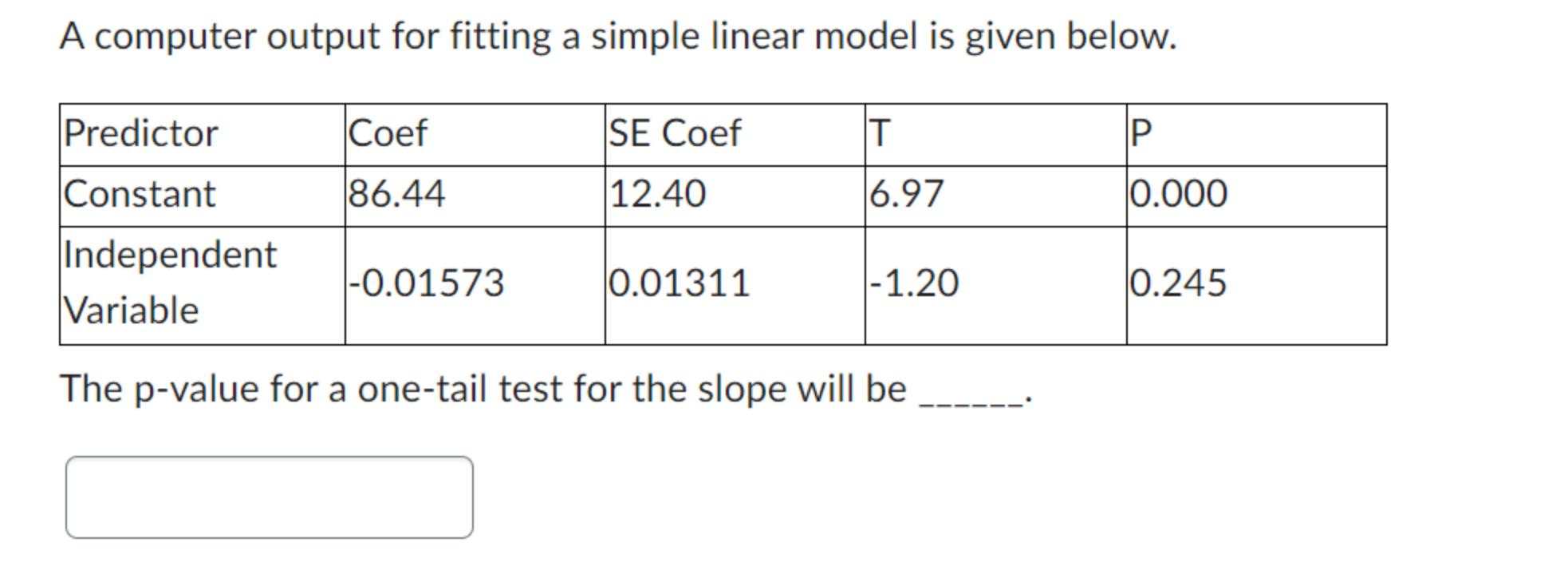 A computer output for fitting a simple linear model is given below. T 6.97 Predictor Constant Independent