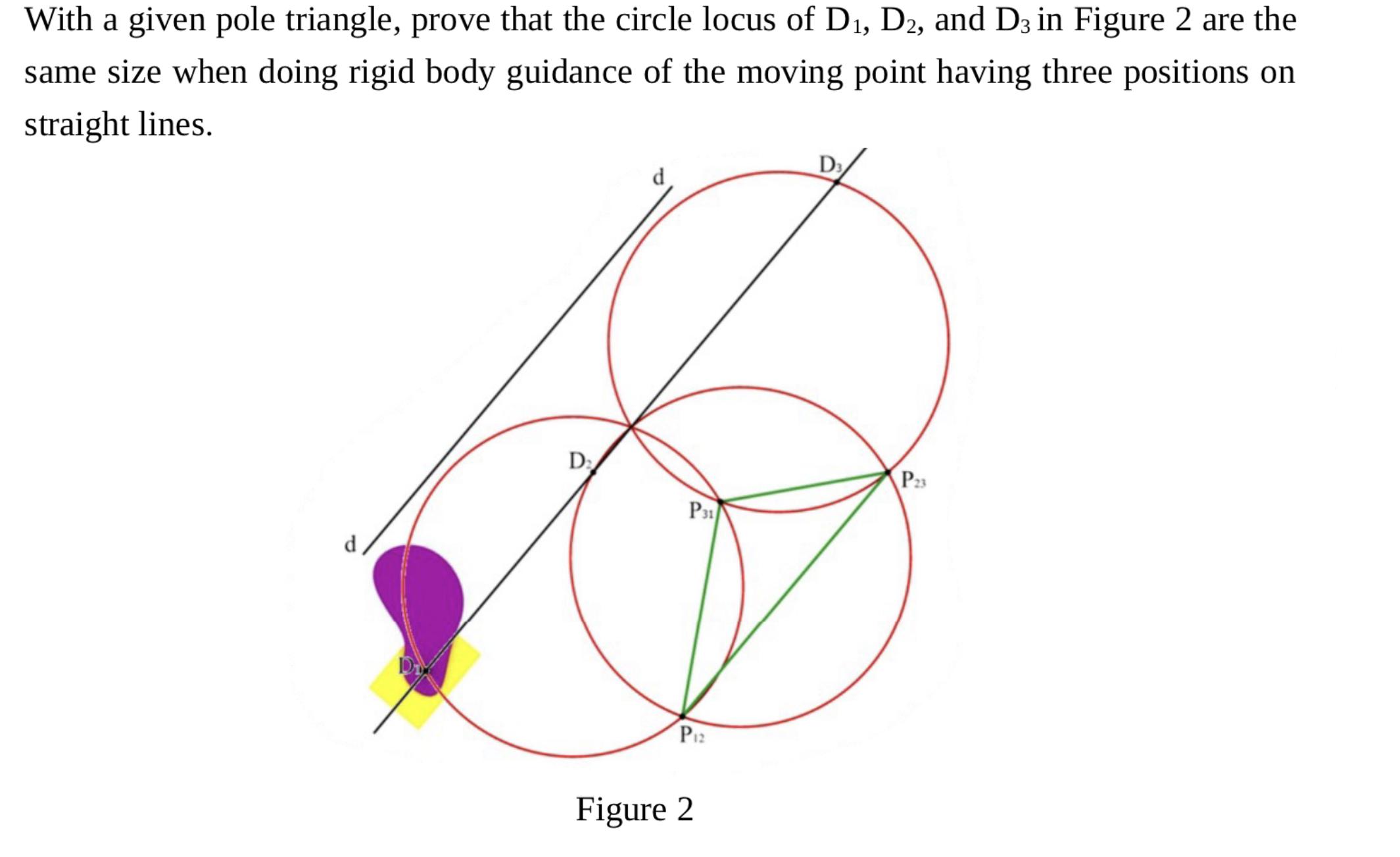 With a given pole triangle, prove that the circle locus of D, D2, and D3 in Figure 2 are the same size when