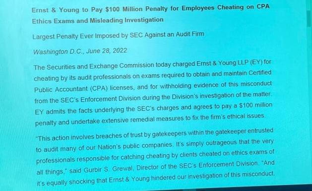 Ernst & Young to Pay $100 Million Penalty for Employees Cheating on CPA Ethics Exams and Misleading