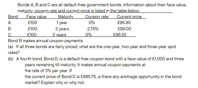Bonds A, B and C are all default-free government bonds. Information about their face value, maturity, coupon