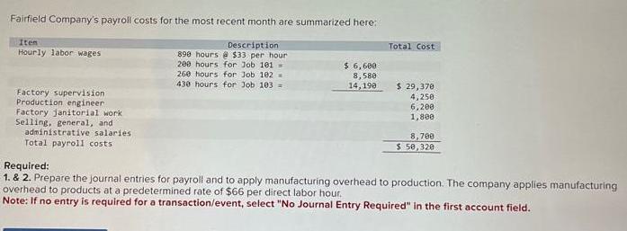 Fairfield Company's payroll costs for the most recent month are summarized here: Iten Hourly labor wages