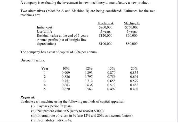 A company is evaluating the investment in new machinery to manufacture a new product. Two alternatives