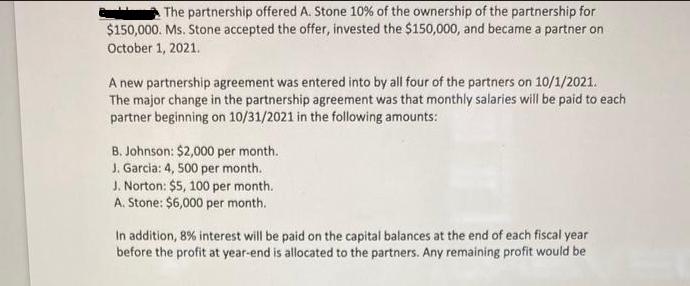 The partnership offered A. Stone 10% of the ownership of the partnership for $150,000. Ms. Stone accepted the