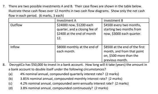 7. There are two possible investments A and B. Their case flows are shown in the table below. Illustrate