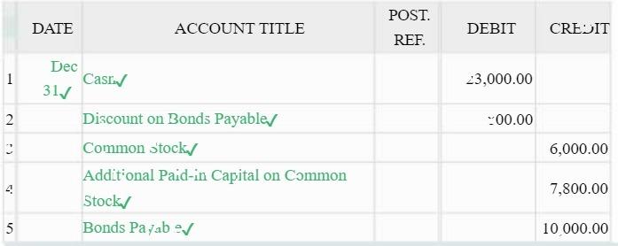 2 .S 5 DATE Dec 31/ Cas ACCOUNT TITLE Discount on Bonds Payable/ Common stock/ Additional Paid-in Capital on