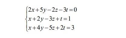 ( left{begin{array}{l}2 x+5 y-2 z-3 t=0  x+2 y-3 z+t=1  x+4 y-5 z+2 t=3end{array}ight. )