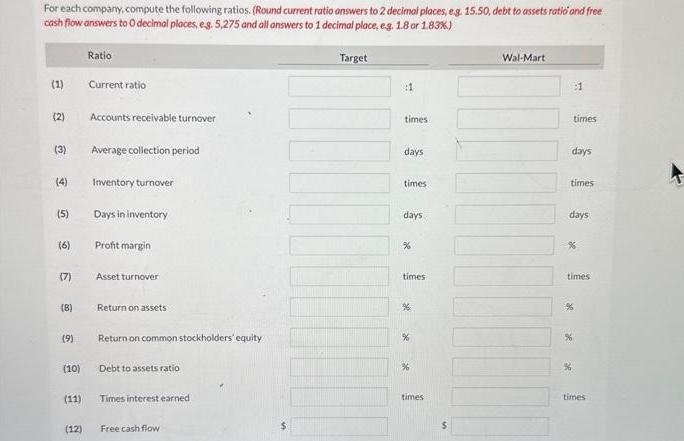 For each company, compute the following ratios. (Round current ratio answers to 2 decimal places, e.g. 15.50,