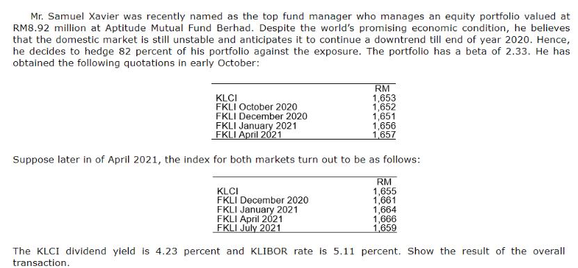 Mr. Samuel Xavier was recently named as the top fund manager who manages an equity portfolio valued at RM8.92
