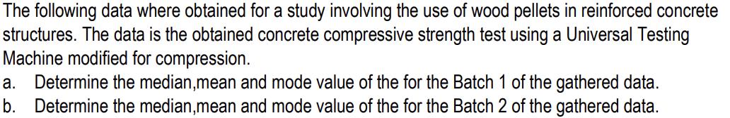 The following data where obtained for a study involving the use of wood pellets in reinforced concrete structures. The data i