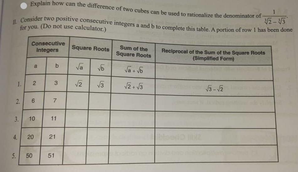 Explain how can the difference of two cubes can be used to rationalize the denominator of 1 2-3 II. Consider