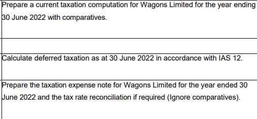 Prepare a current taxation computation for Wagons Limited for the year ending 30 June 2022 with comparatives.