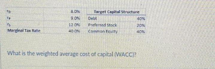 To 23 Marginal Tax Rate 8.0% 9.0% 12.0% 40.0% Target Capital Structure Debt Preferred Stock Common Equity