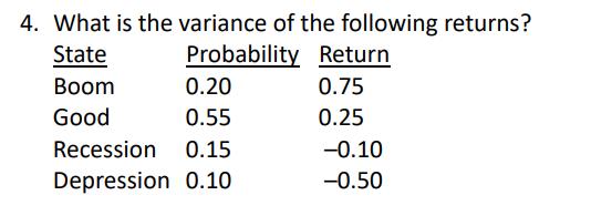 4. What is the variance of the following returns?