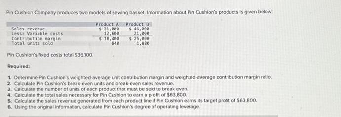 Pin Cushion Company produces two models of sewing basket. Information about Pin Cushion's products is given