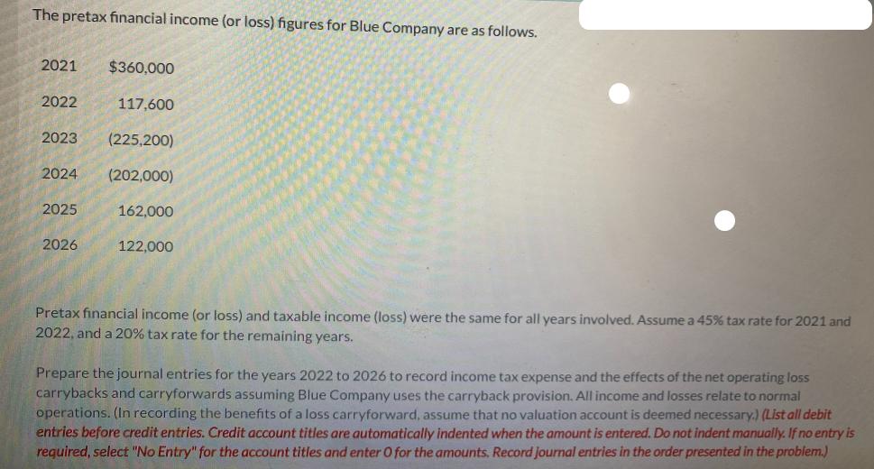 The pretax financial income (or loss) figures for Blue Company are as follows. 2021 $360,000 2022 2023