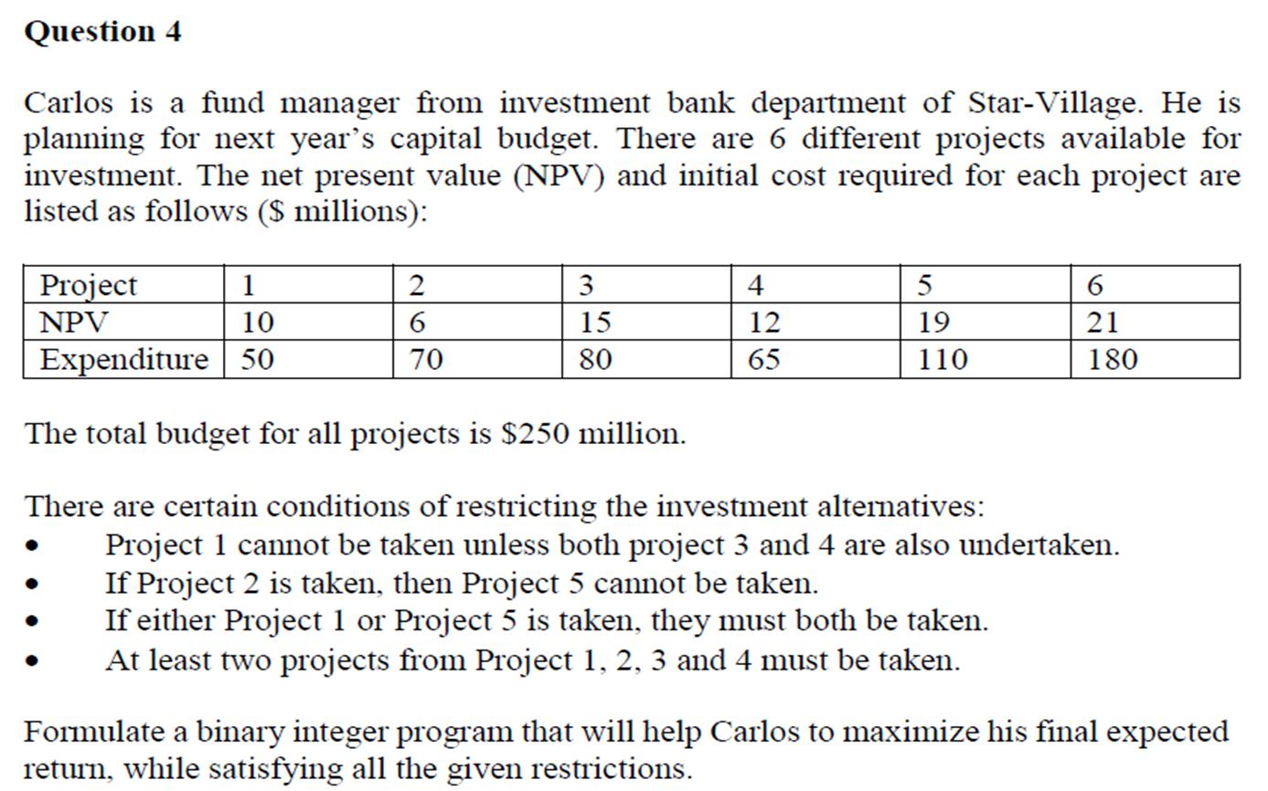 Carlos is a fund manager from investment bank department of Star-Village. He is planning for next years capital budget. Ther