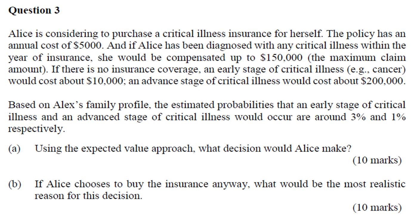 Alice is considering to purchase a critical illness insurance for herself. The policy has an annual cost of ( $ 5000 ). An