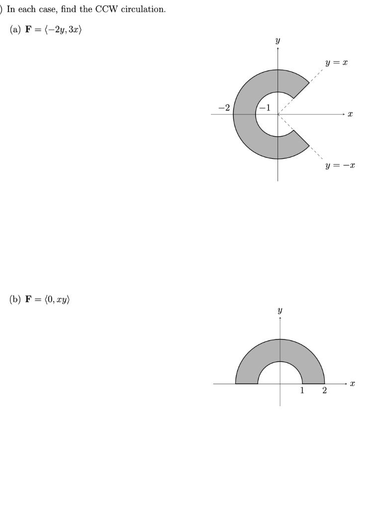 In each case, find the CCW circulation. (a) F (-2y, 3x) (b) F = (0, xy) -2 Y 1 y = x I y=-x 2 X