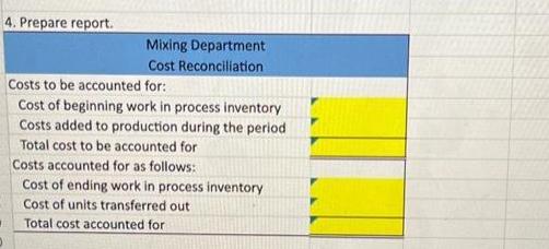 4. Prepare report. 1 Mixing Department Cost Reconciliation Costs to be accounted for: Cost of beginning work