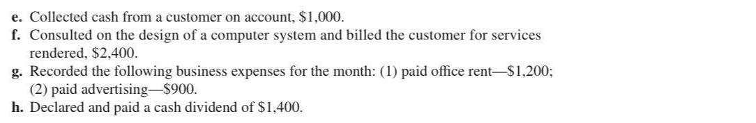 e. Collected cash from a customer on account, $1,000. f. Consulted on the design of a computer system and