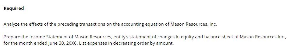 Required Analyze the effects of the preceding transactions on the accounting equation of Mason Resources,