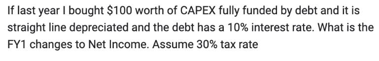 If last year I bought $100 worth of CAPEX fully funded by debt and it is straight line depreciated and the