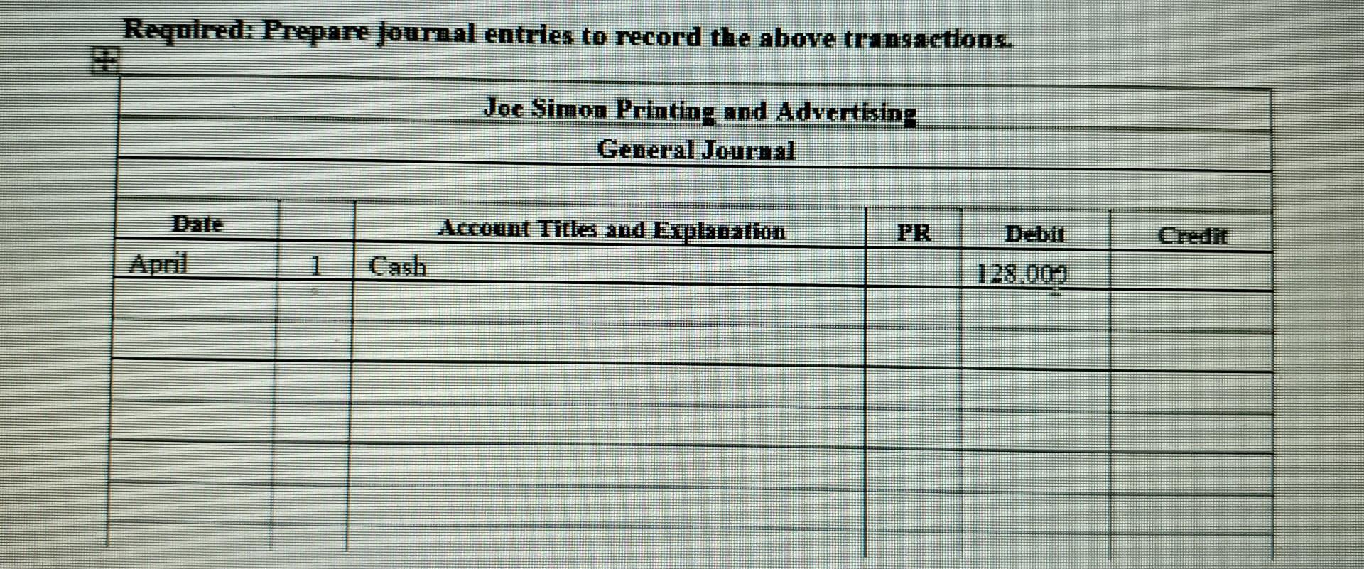 Required: Prepare journal entries to record the above transactions. Joe Simon Printing and Advertising General Journal begin