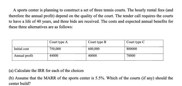 A sports center is planning to construct a set of three tennis courts. The hourly rental fees (and therefore
