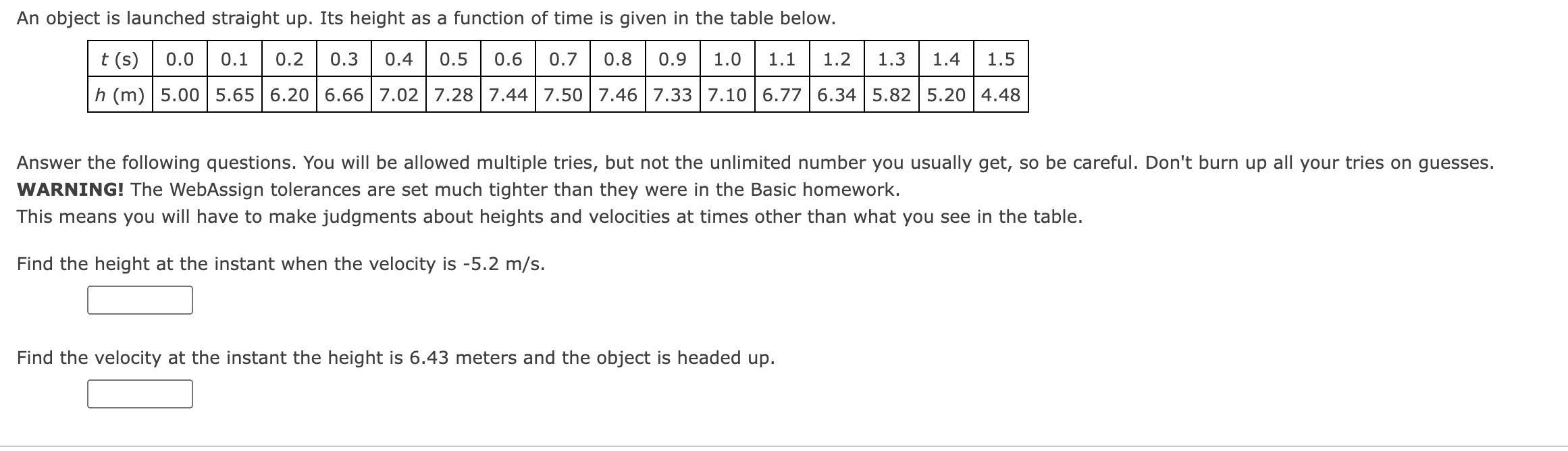 An object is launched straight up. Its height as a function of time is given in the table below. t (s) 0.0