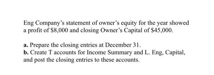 Eng Company's statement of owner's equity for the year showed a profit of $8,000 and closing Owner's Capital