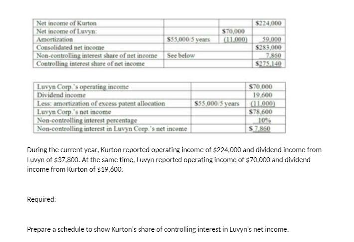 Net income of Kurton Net income of Luvyn: Amortization Consolidated net income Non-controlling interest share