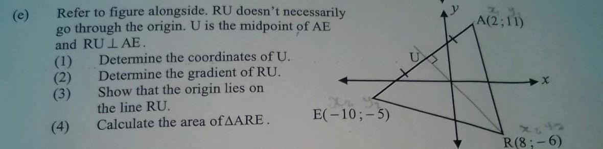 (e) Refer to figure alongside. RU doesnt nece go through the origin. ( U ) is the midpoint of and ( mathrm{RU} perp ma