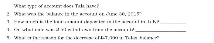 What type of account does Tala have? 2. What was the balance in the account on June 30, 2015? 3. How much is