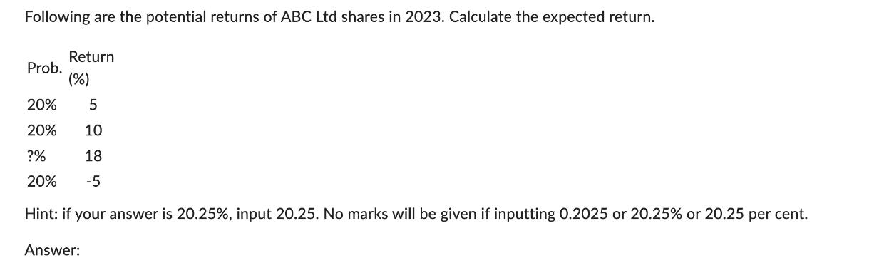 Following are the potential returns of ABC Ltd shares in 2023. Calculate the expected return. Prob. Return